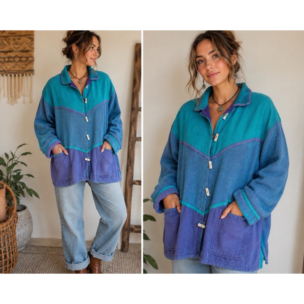 Hand Woven Cotton Jacket Nepal M Color Block Toggle Art To Wear Boho Lagenlook